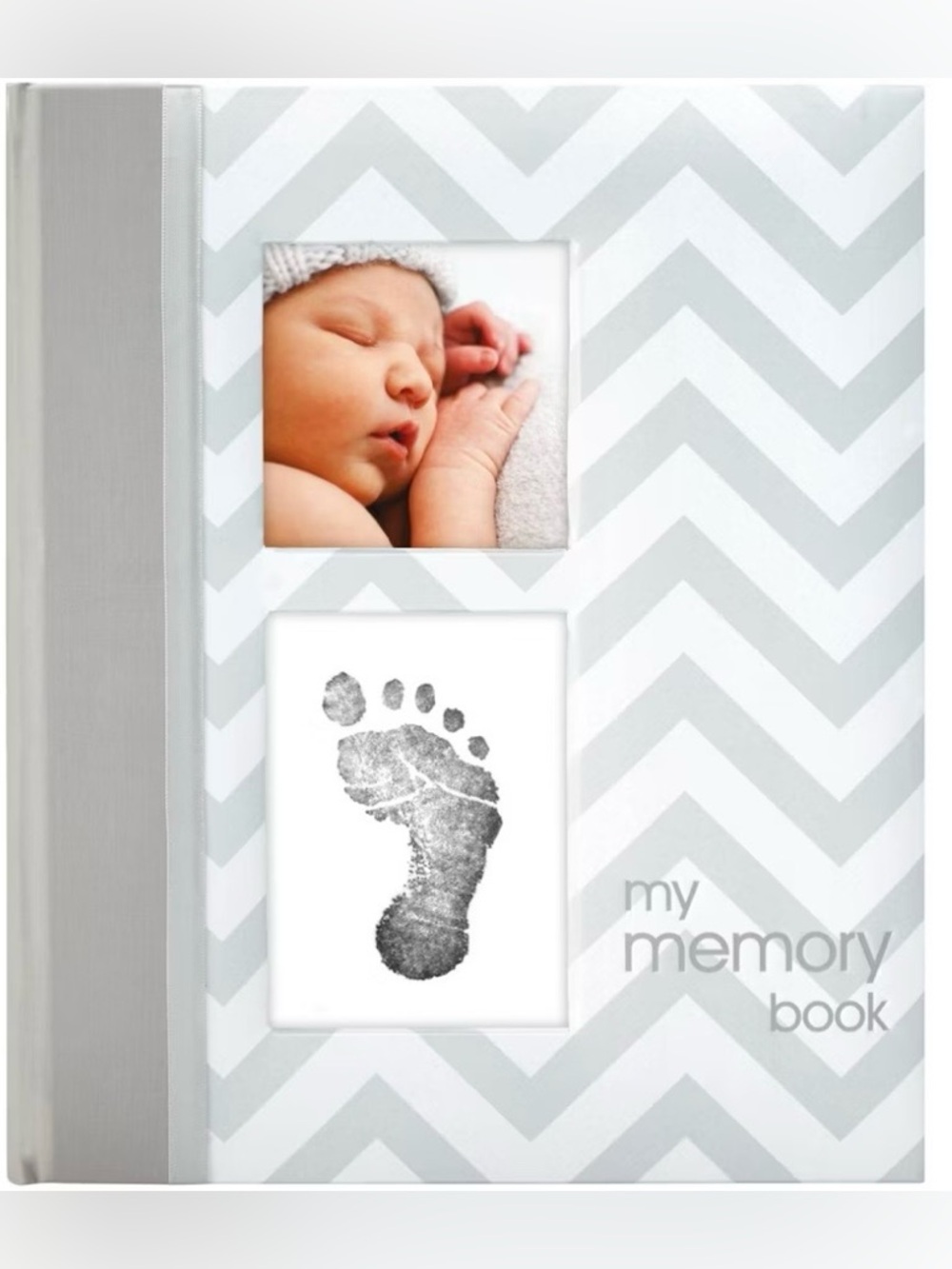 NWT-Chevron Baby Memory Book in Light Gray and White-with baby foot stamp